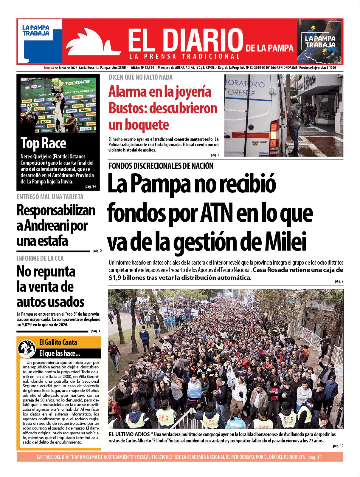 Tapa de El Diario en papel  lunes 08 de junio de 2026